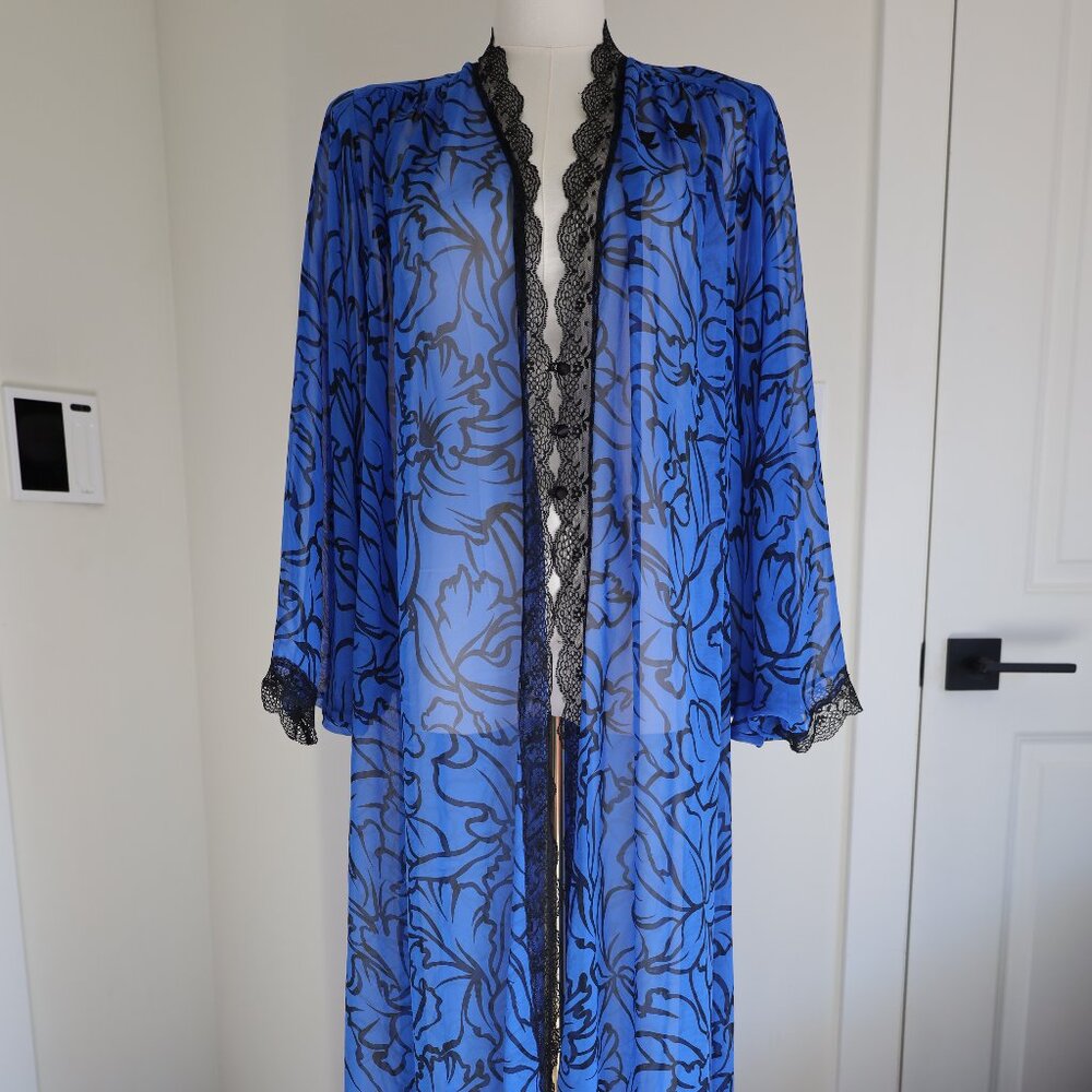 Vintage Lucie Ann Blue and Black Sheer Lace Robe